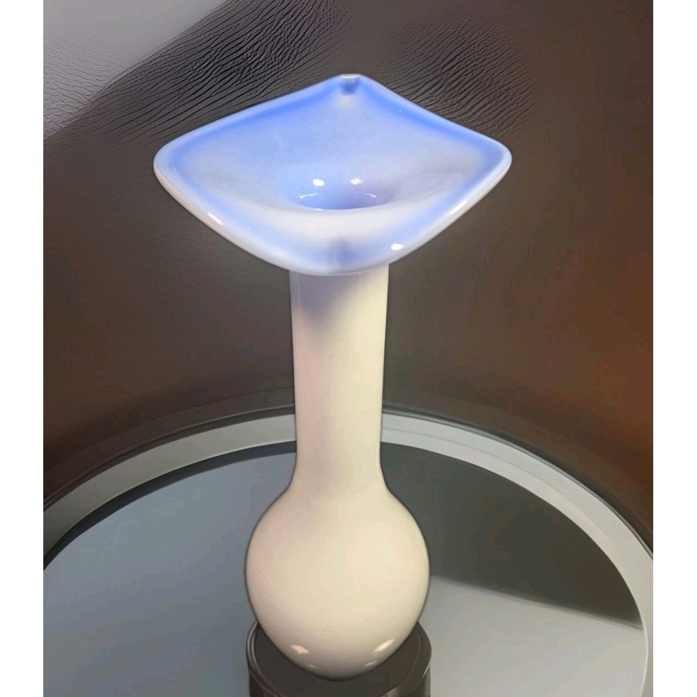 Hand Blown Art Glass Jack & The Pulpit Vase Blue White 8" Cased